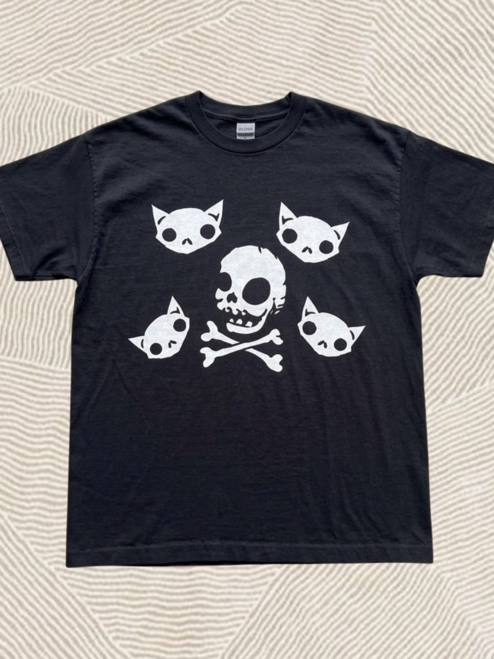 Gildan Black Tee with White Cat Skull & Crossbones Graphic